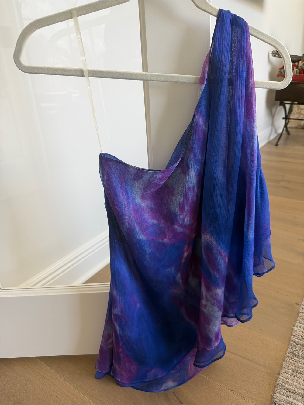 Blue Purple One-Shoulder Chiffon Blouse